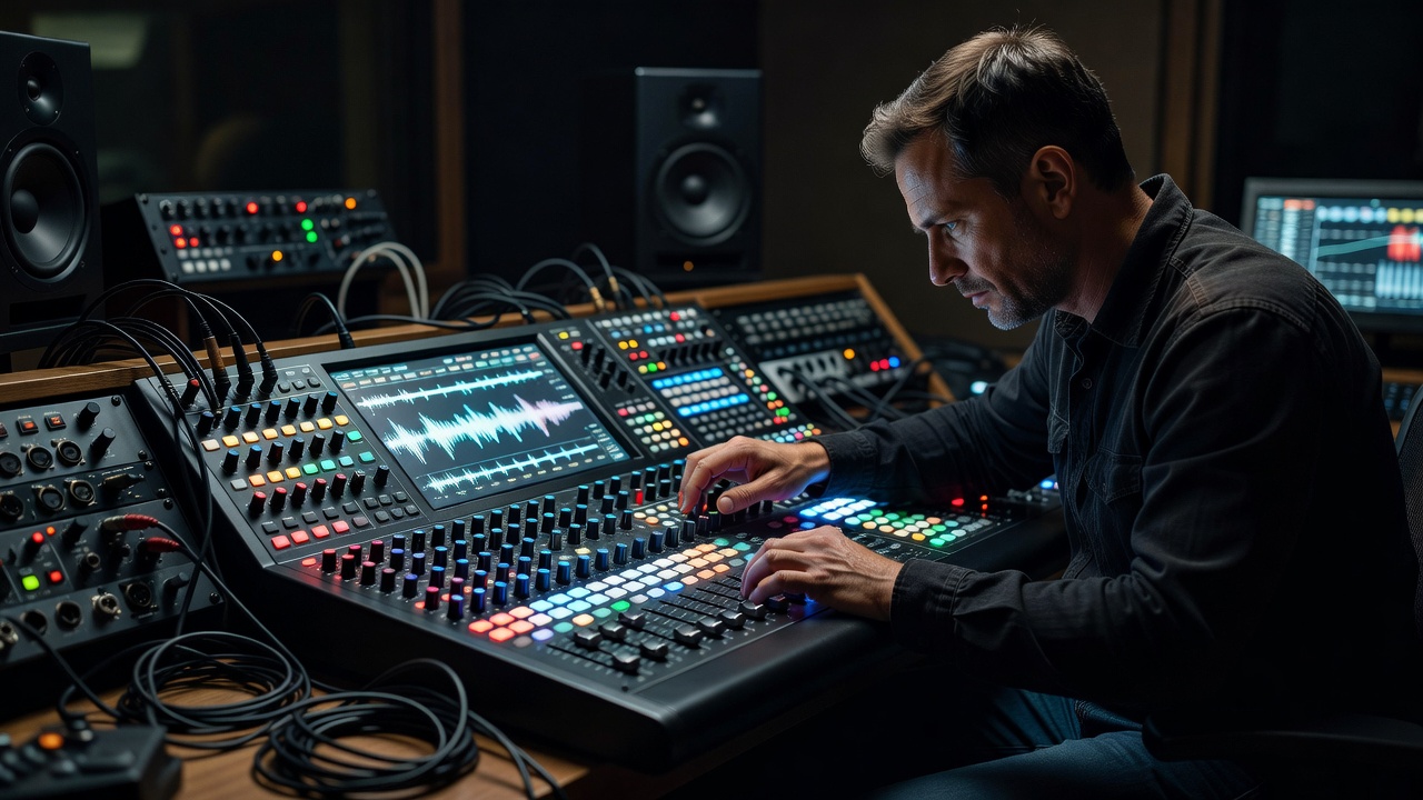 Audio sound technician manipulating a large digital console