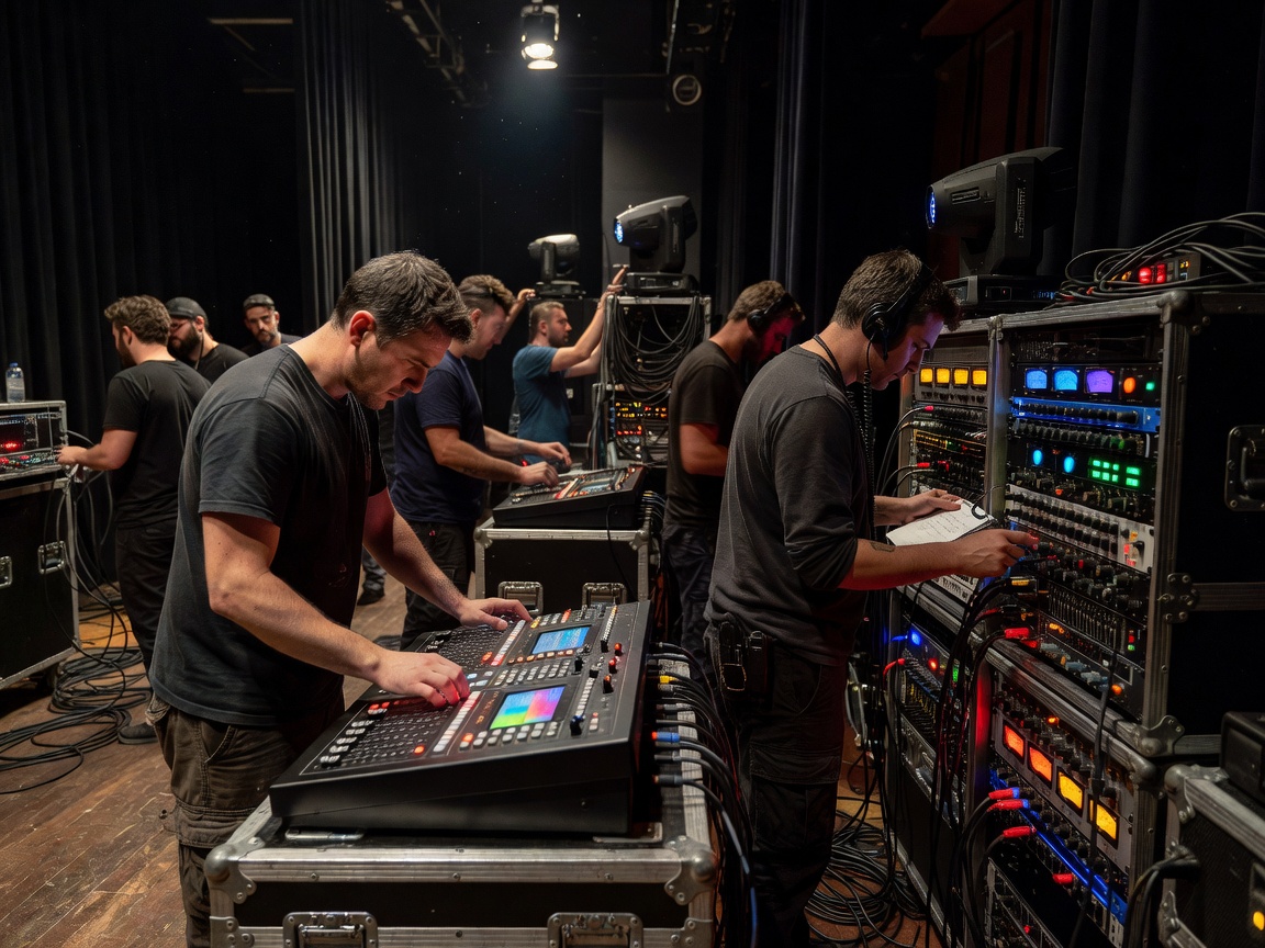 Backstage crew operating lighting and sound equipment
