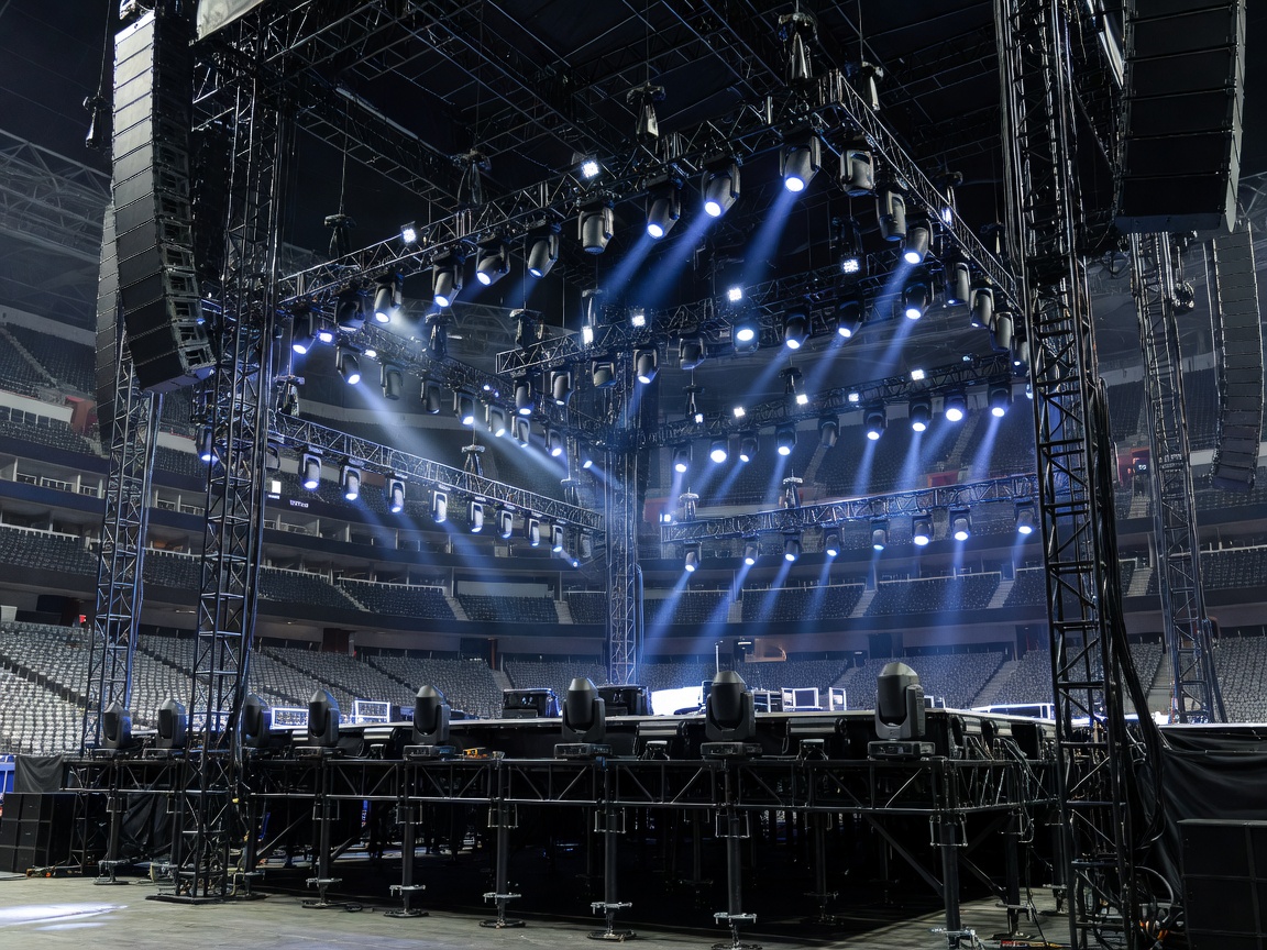 Large stadium stage setup with lighting rigs